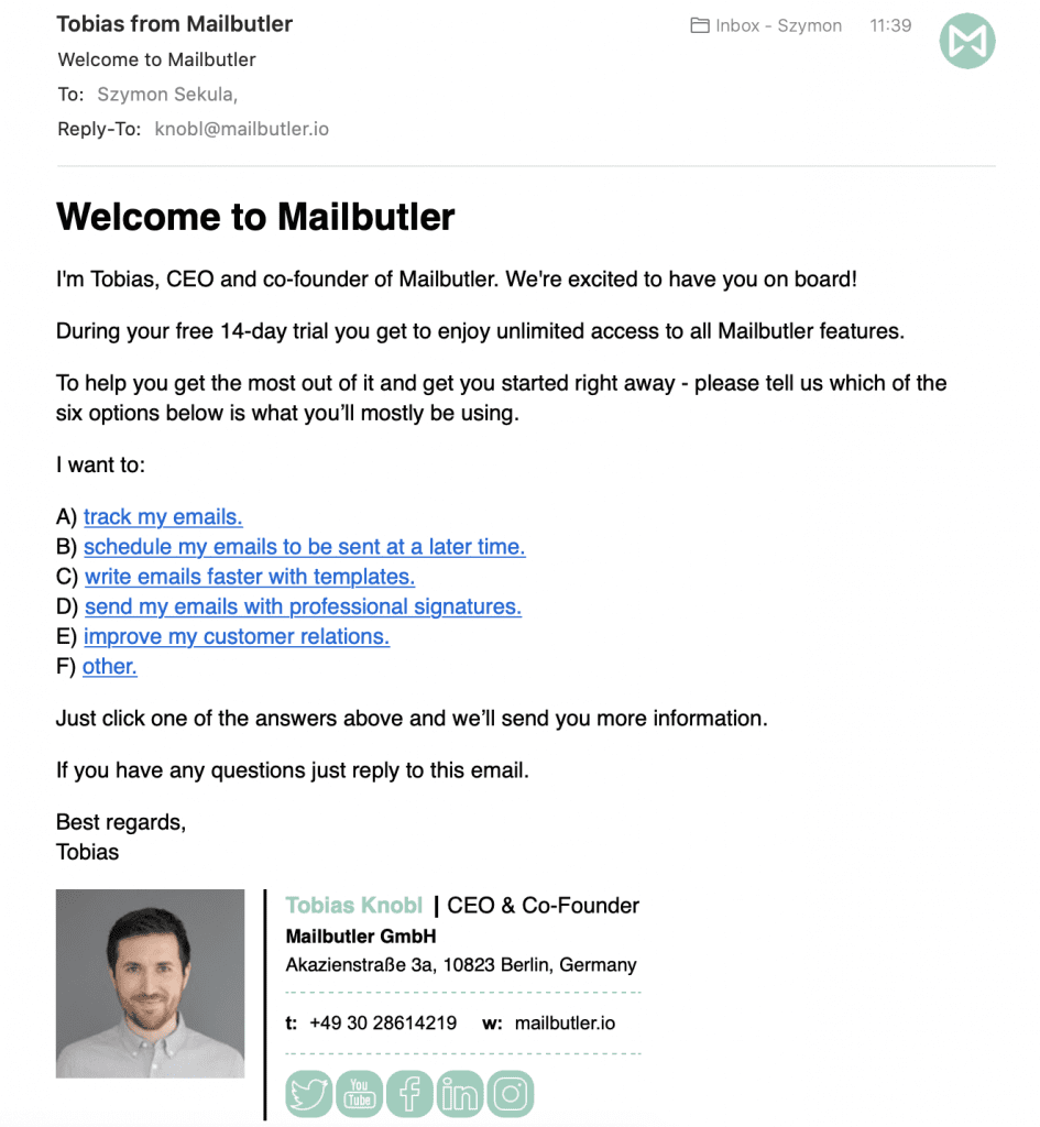 Mailbutler Best SaaS Onboarding Email