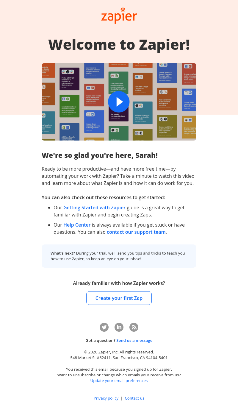 Zapier welcome email