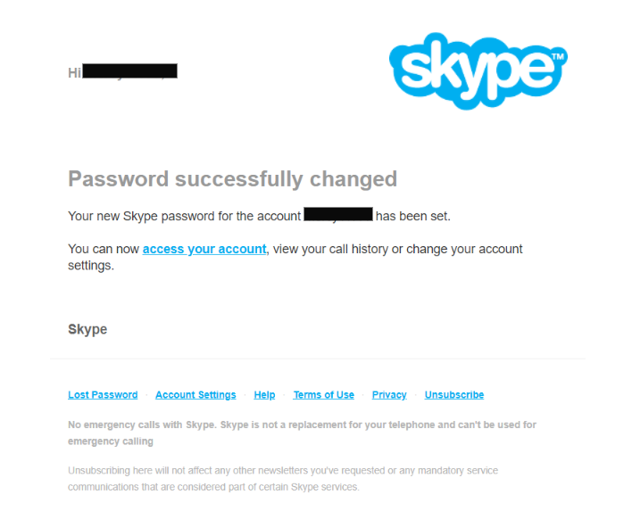 Skype password change transactional email