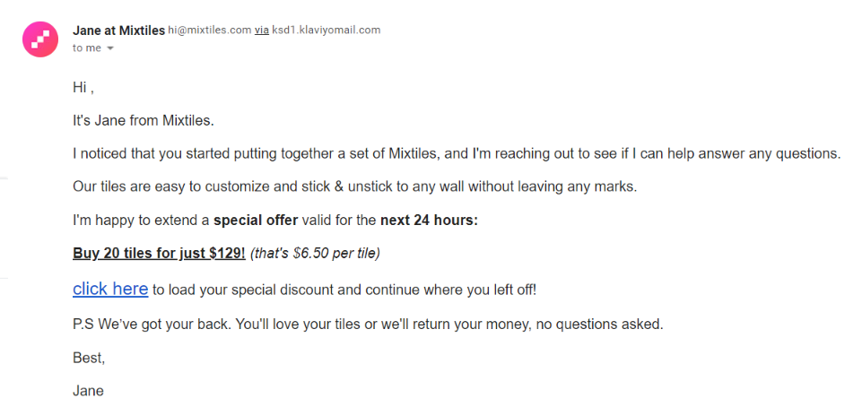 Cart abandonment email from Mixtiles