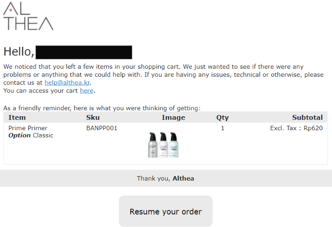 Cart abandonment email from Althea