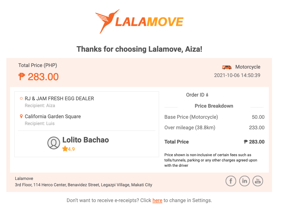 Transactional email from Lalamove