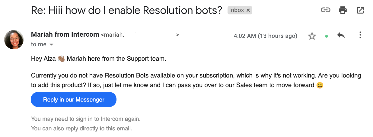 Support automated email from Intercom