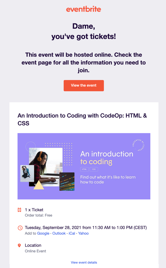 Eventbrite registration confirmation email
