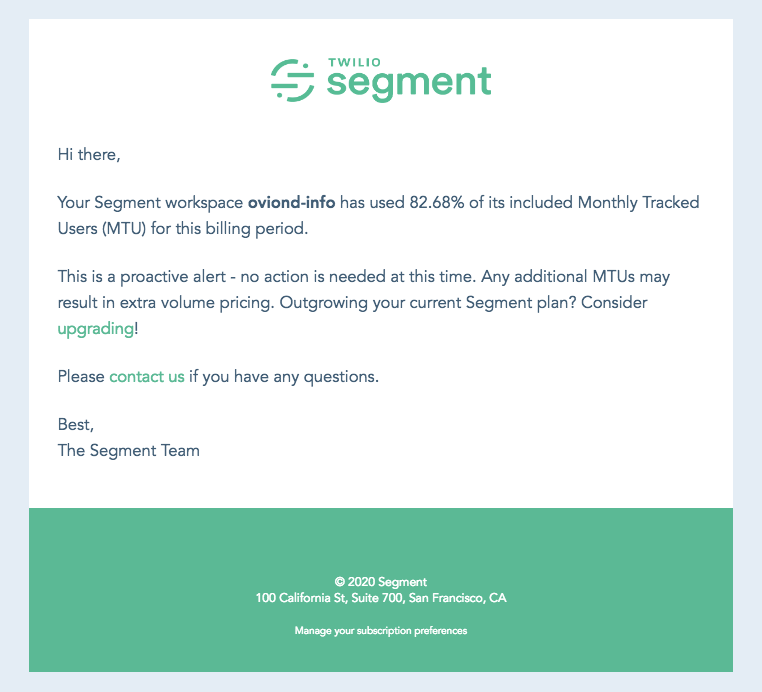 Account email alert from Segment screenshot