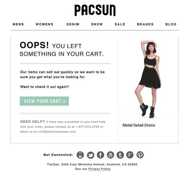 Cart abandonment email screenshot from Pacsun