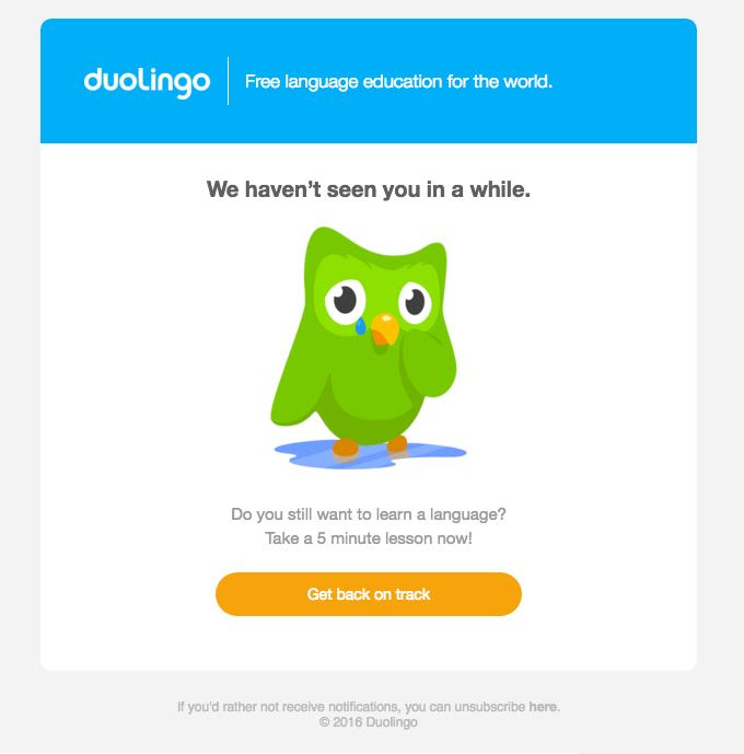 Email marketing automation example from Duolingo 