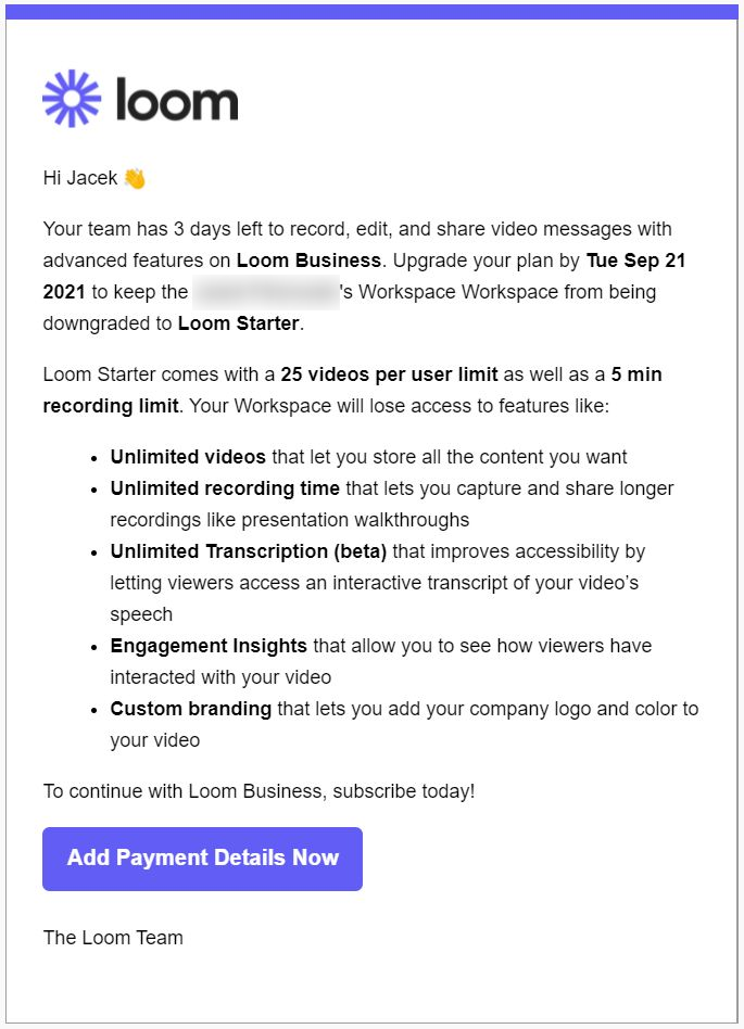 Loom upgrade email