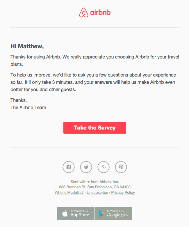 Feedback email example from Airbnb