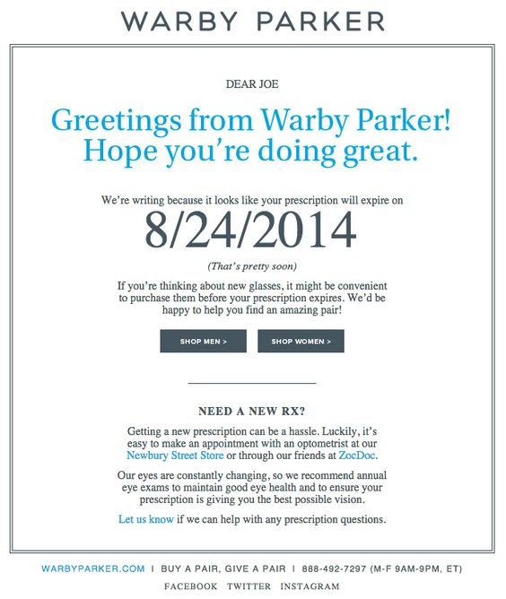 Warby Parker lead nurturing email