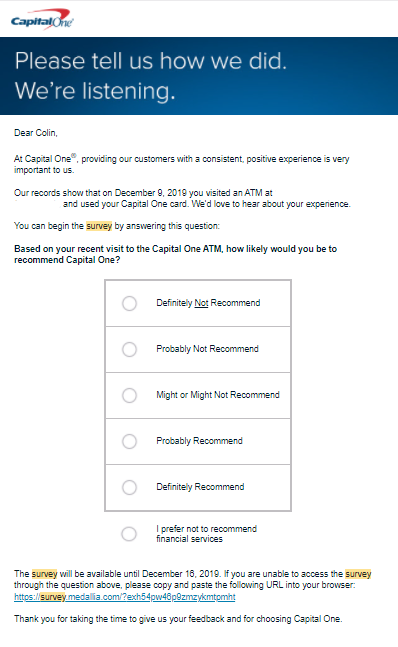 Capital One survey email