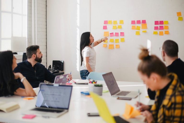 Group collaborating in a business meeting