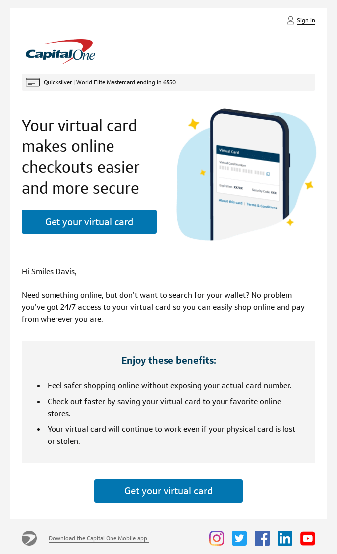 CapitalOne email with a good CTA