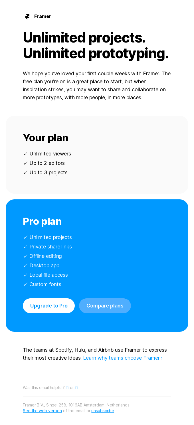 Framer upgrade email