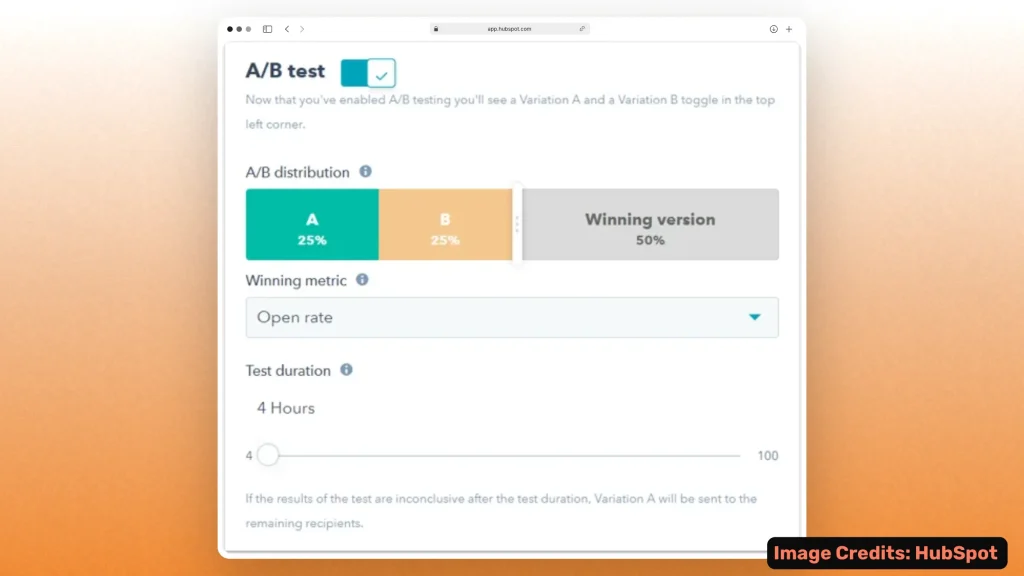 Email A/B test in HubSpot Marketing Hub