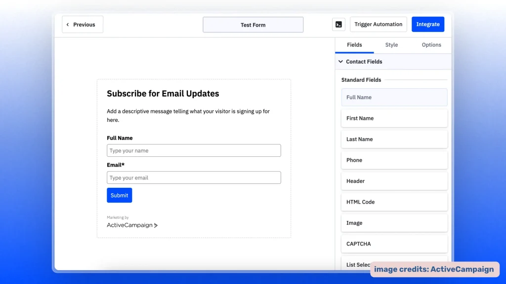 ActiveCampaign's form builder