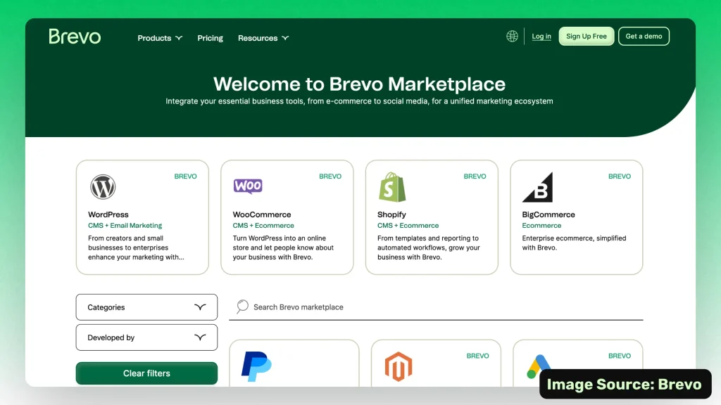 Screenshot of Brevo's webpage with their lits of integrations