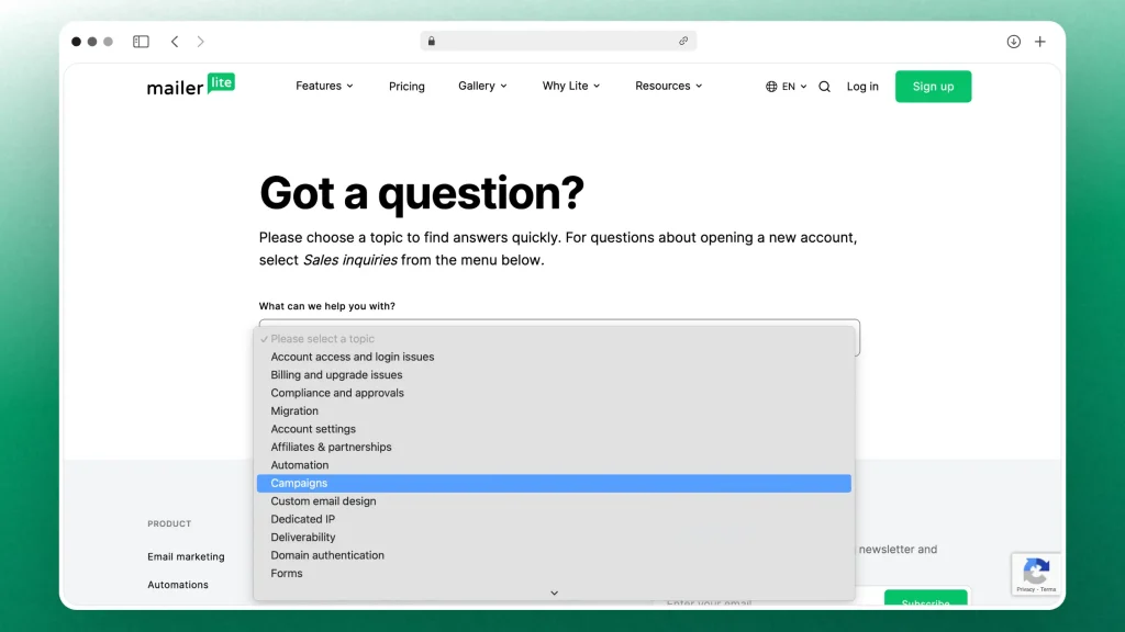 MailerLite's contact page