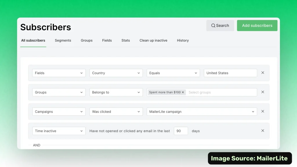 Creating a new user segment in MailerLite