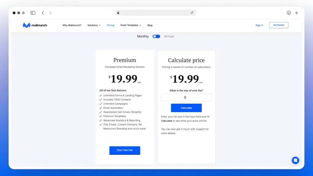 Screenshot of the pricing cards on Mailmunch.com's pricing page