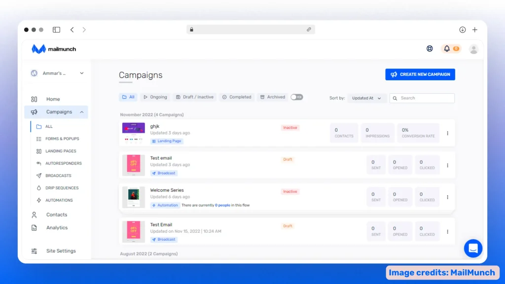 List of email campaigns in Mailmunch's dashboard