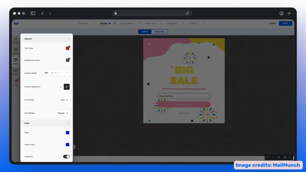 Screenshot of Mailmunch's email editor