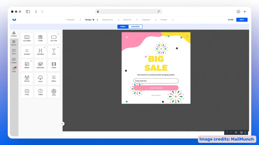 MailMunch's form builder and editor