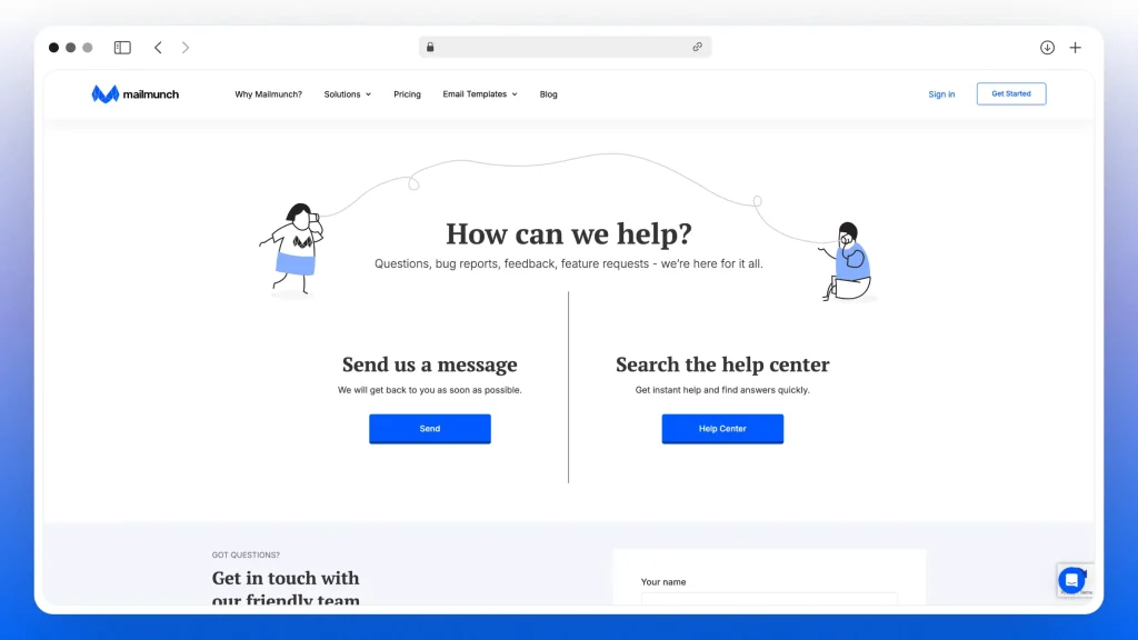 Screenshot of the mailmunch.com/contact webpage