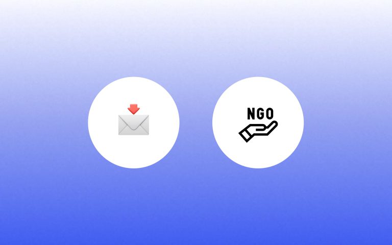 Email emoji and hand icon holding an "NGO" text overlay