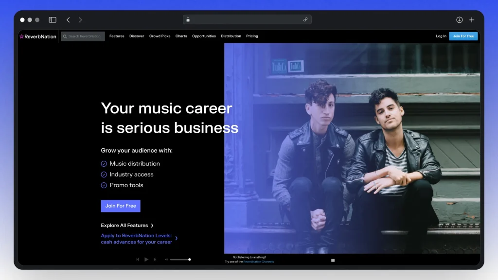 Screenshot of ReverbNation's landing page