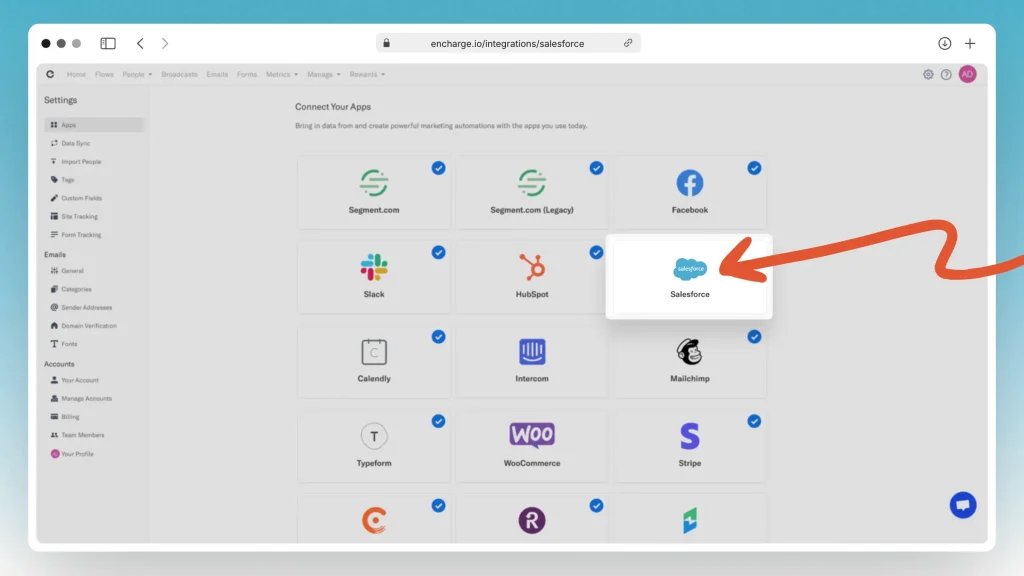 Highlighting Salesforce in Encharge's integrations list