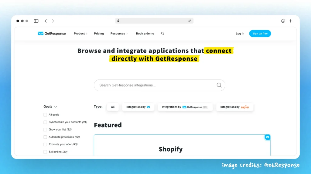 List of apps that GetResponse integrates with - screenshot of getresponse.com/integrations
