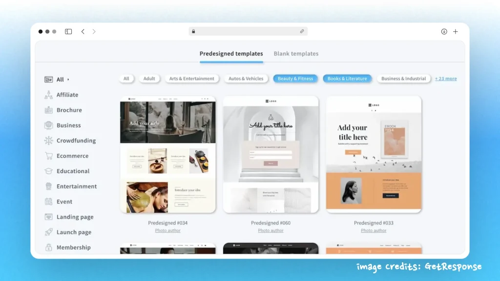 GetResponse Dashboard - Screenshot of their landing page templates