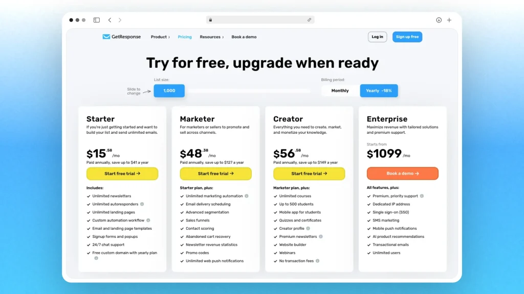 GetResponse Pricing Page
