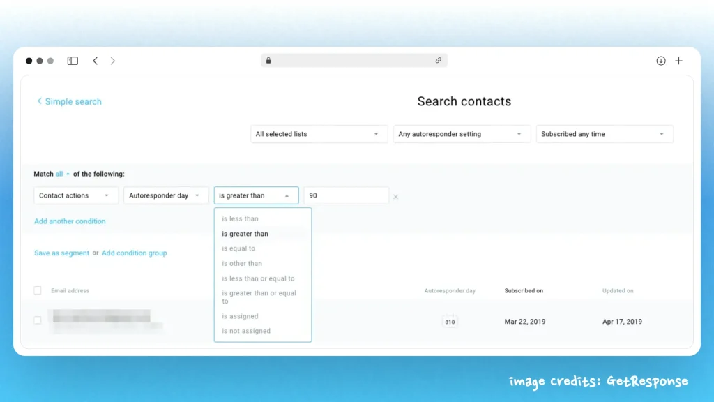 Creating a user segment in GetResponse