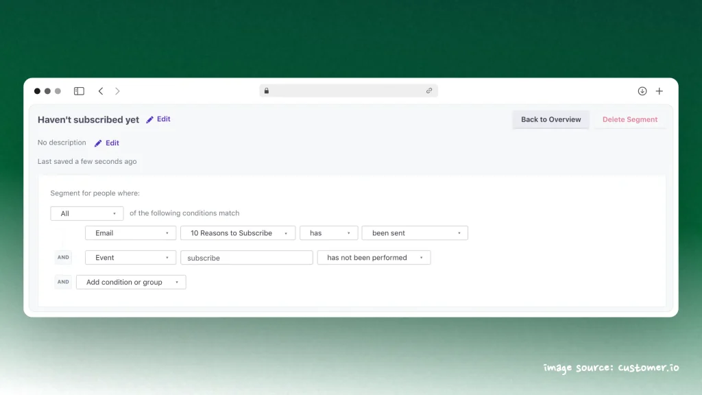 Screenshot of Customer.io's Segmentation Feature
