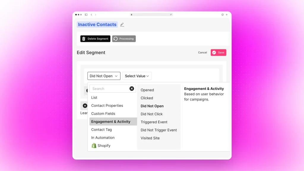 Screenshot of an "inactive users" segment in Sendlane
