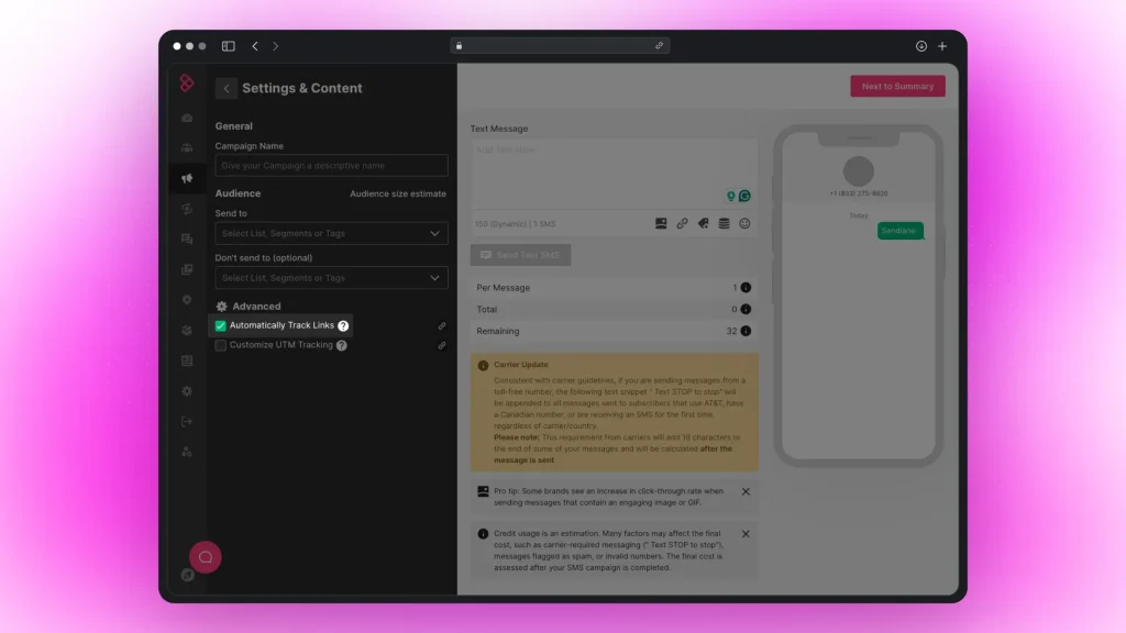 Customizing an SMS campaign in Sendlane