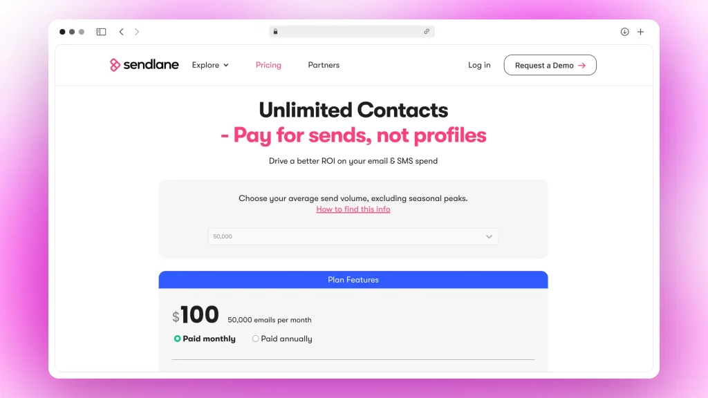 Screenshot of Sendlane's pricing page