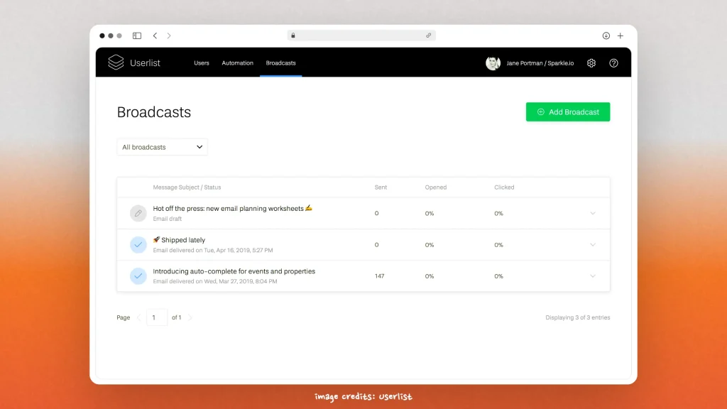 Screenshot of a Broadcast in Userlist