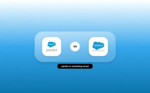 Salesforces logos of Pardot vs Marketing Cloud. "VS" text overlay in the middle